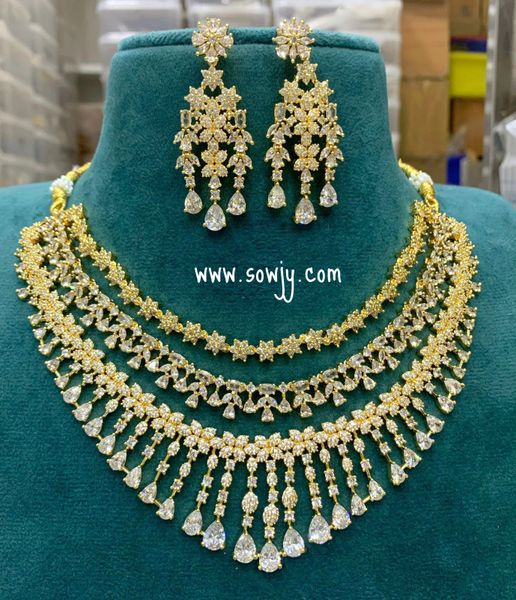 Very Grand Three Layer Diamond Look ALike Broad and Big Necklace with Matching Earrings - Gold Finish !!!!