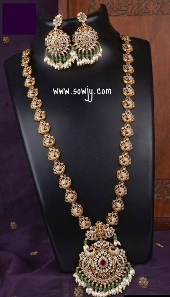 Lovely Peacock Lakshmi Big Pendant Long Haaram/ Necklace with Matching Earrings- Gold Replica Design!!!!