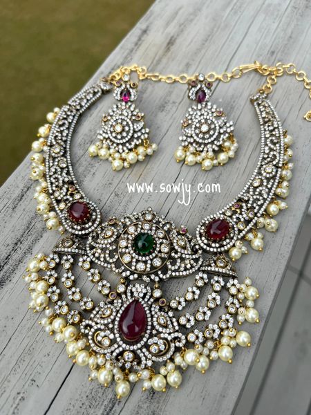 Grand Victorian Finish Kante Style Designer Statement Big Necklace with Earrings- Pearl Hangings!!!!