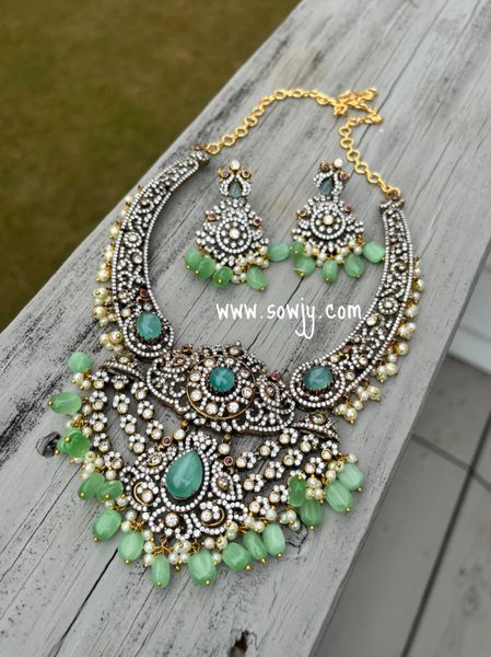 Grand Victorian Finish Kante Style Designer Statement Big Necklace with Earrings- Mint Green !!!!