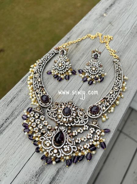 Grand Victorian Finish Kante Style Designer Statement Big Necklace with Earrings-Purple/ Amethyst !!!!