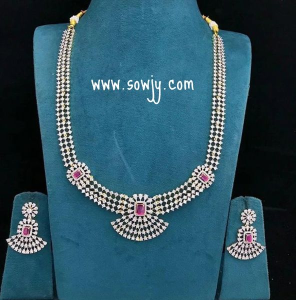 Lovely Gold Finish Diamond Look Alike New Designer Mid-Length Long Necklace with Matching Earrings-Ruby Red Stones!!!