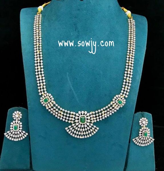 Lovely Gold Finish Diamond Look Alike New Designer Mid-Length Long Necklace with Matching Earrings-Emerald Green Stones!!!