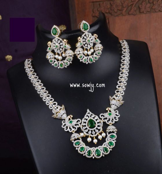 Lovely Peacock Designer Diamond Look Alike Premium Quality Necklace with Chaandbali Design Earrings- GREEN !!!