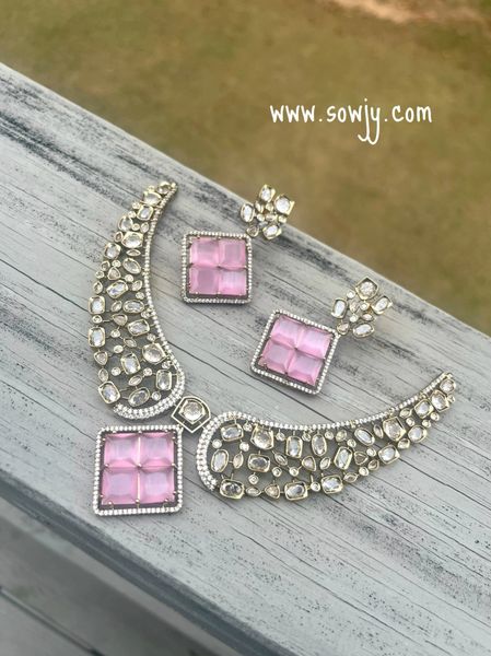 Broad Big Victorian Finish Classy Big Uncut AD Stones Necklace with Earrings -PASTEL PINK!!!!