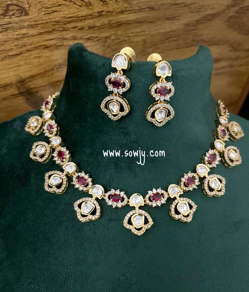 Classy Stylish Moissanite Stones Gold Finish Necklace with Red Stones!!!!