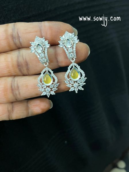 Silver Finish Daily Wear AD Stone Earrings- Yellow!!!!