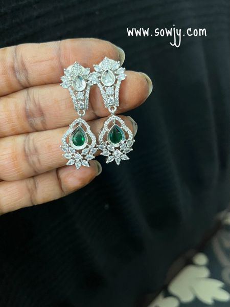 Silver Finish Daily Wear AD Stone Earrings- Green!!!!