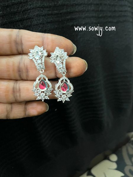 Silver Finish Daily Wear AD Stone Earrings- RED!!!!