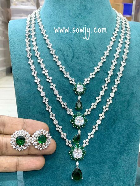 Celebrity Inspired Designer Diamond Look Alike premium Quality Three Layer Long Necklace In Silver Finish with Matching Earrings- GREEN!!!