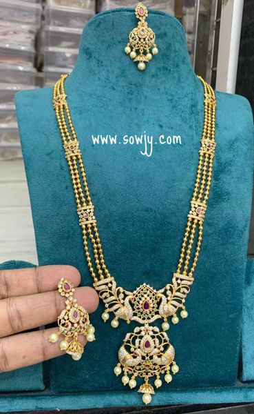 Lovely AD Stone Peacock Pendant Three layer Long Haaram/ Necklace with Earrings- NO GOD/GODESS!!!!