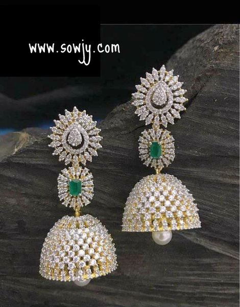 Grand Diamond Look ALike Long Jhumkas -Green Center Stone !!!!!