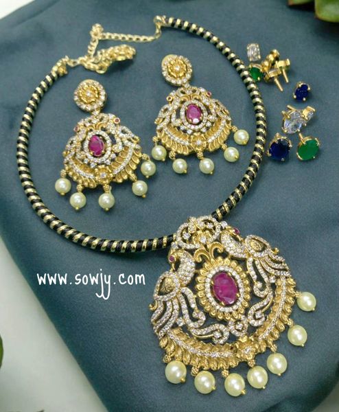 Grand Peacock AD Stone Changeable Stone Pendant and Earrings in Gold and Black Hasli Necklace-4 Colors- Red,Green,White and Blue !!!!