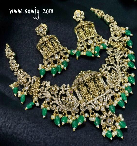 Very Grand Temple Jewelry- Raam Parivaar Designed with Peacock Floral Pattern Necklace with Matching Earrings- Green!!!!