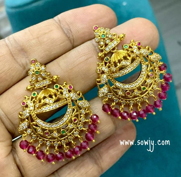 Lovely Chaandbali Gold Designer Earrings- Red Crystal Beads Hangings!!!!