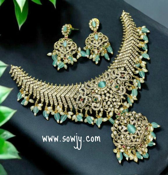 Very Grand Victorian Finish Peacock Pendant AD Stone Big Necklace with Earrings- Mint Green!!!!