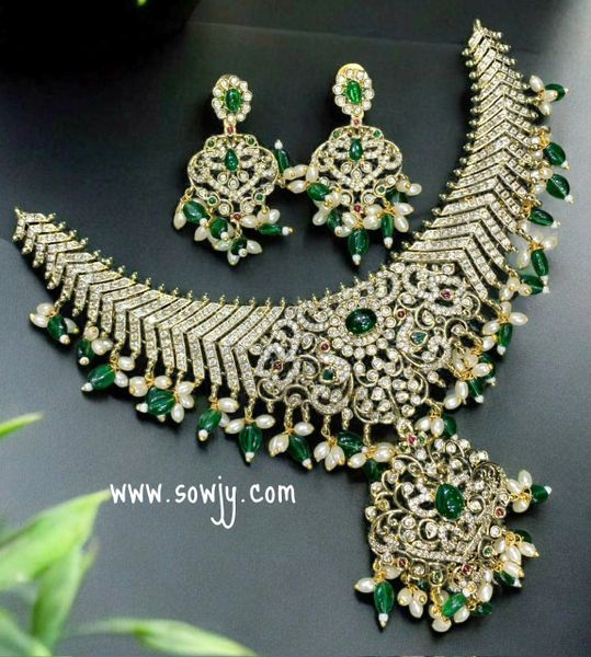 Very Grand Victorian Finish Peacock Pendant AD Stone Big Necklace with Earrings-Green!!!!