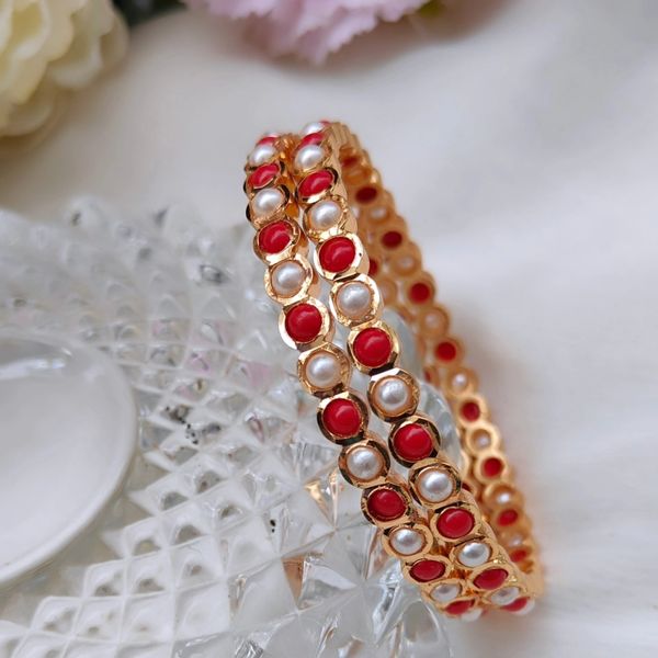 Lovely Pearl and Coral Combo Gold Look Alike Premium Quality Bangles-Pair of Two-Size 2.8!!