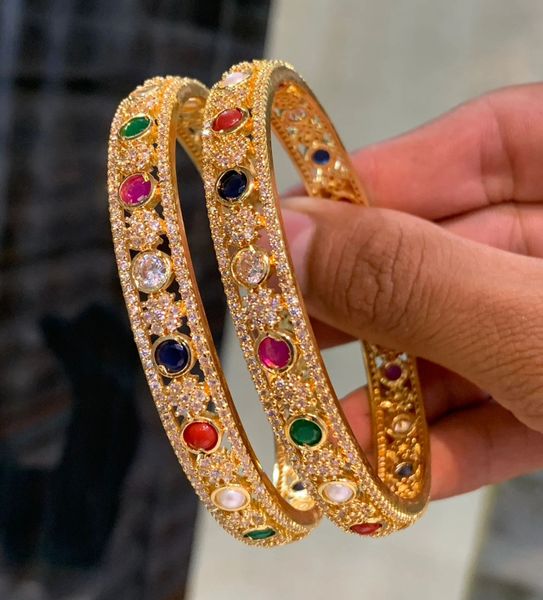 Lovely AD Multi Color Stones Gold Look Alike Premium Bangles -Set of Two-Size 2.8!!!