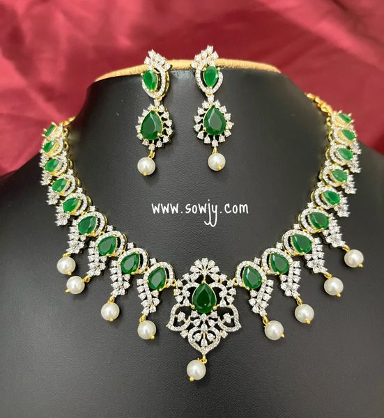 Lovely Floral Pattern Diamond Look Alike Premium Quality Gold Finish Necklace with Earrings- GREEN!!!!