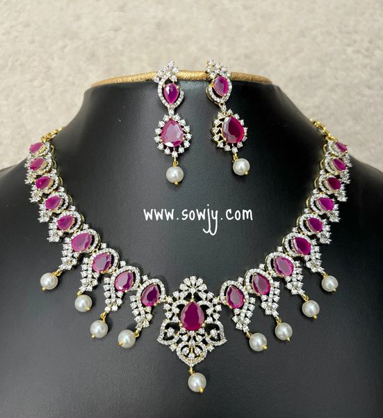 Lovely Floral Pattern Diamond Look Alike Premium Quality Gold Finish Necklace with Earrings- RED!!!!