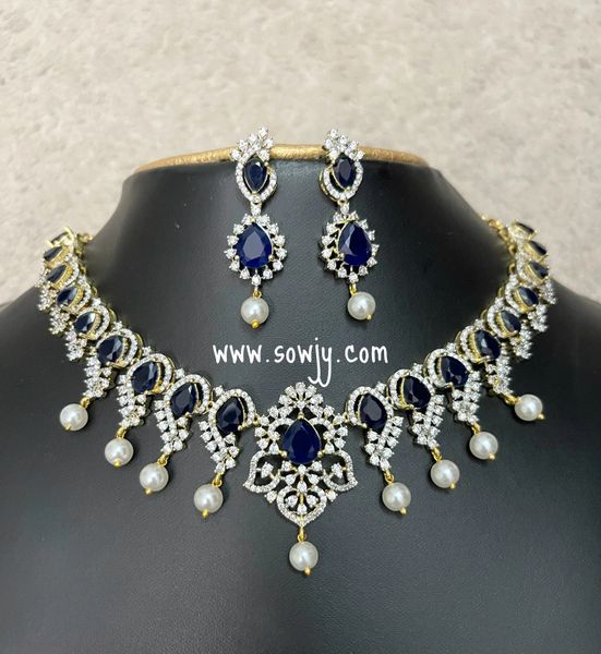 Lovely Floral Pattern Diamond Look Alike Premium Quality Gold Finish Necklace with Earrings- BLUE!!!!