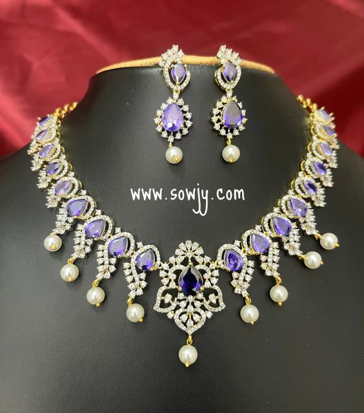 Lovely Floral Pattern Diamond Look Alike Premium Quality Gold Finish Necklace with Earrings- PURPLE!!!!