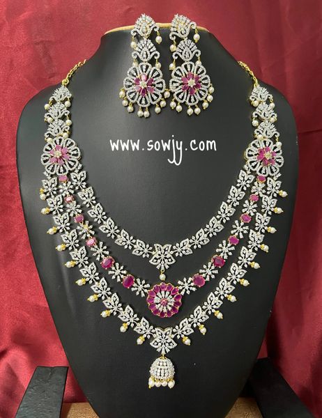 Very Grand Gold Diamond Look Alike Semi-Bridal Long Haaram with Long Light Weighted Designer Earrings-Ruby Red!!!!