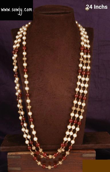 Beautiful Three layer Premium Quality Pearl ,Red Agate Beads and Gold Nakshi Beads Very Long Maala-NO EARRINGS!!!