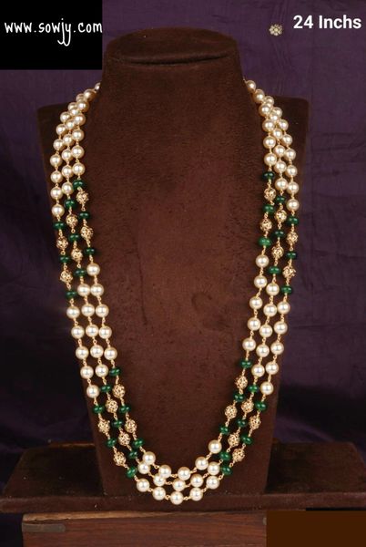 Beautiful Three layer Premium Quality Pearl ,Green Agate Beads and Gold Nakshi Beads Very Long Maala-NO EARRINGS!!!