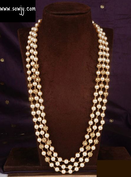 Beautiful Three layer Premium Quality Full Pearl and Gold Nakshi Beads Very Long Maala-NO EARRINGS!!!