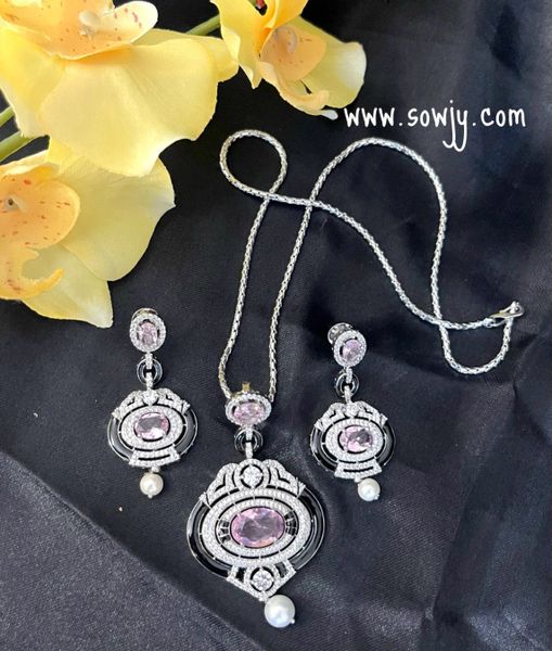 Lovely Diamond Look Alike Silver Finish Statement Designer Pendant Set with Designer Earrings in Silver Chain- Pastel Pink Center Stones!!!!