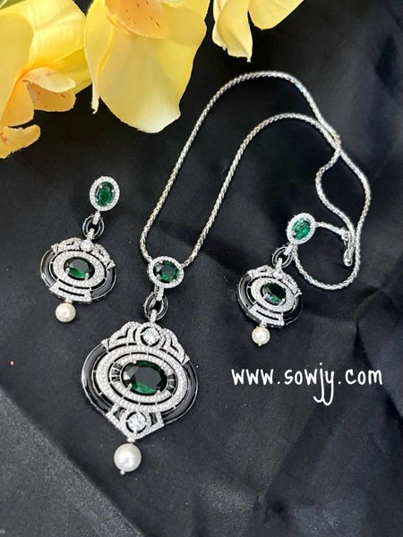 Lovely Diamond Look Alike Silver Finish Statement Designer Pendant Set with Designer Earrings in Silver Chain- Green Center Stones!!!!