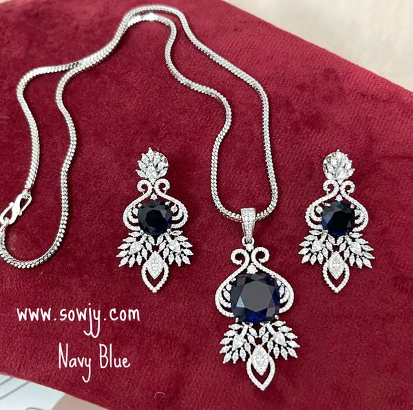 Diamond Replica Designer Floral Pendant Set in Silver Finish with Earrings with Silver Chain-Navy Blue !!!!