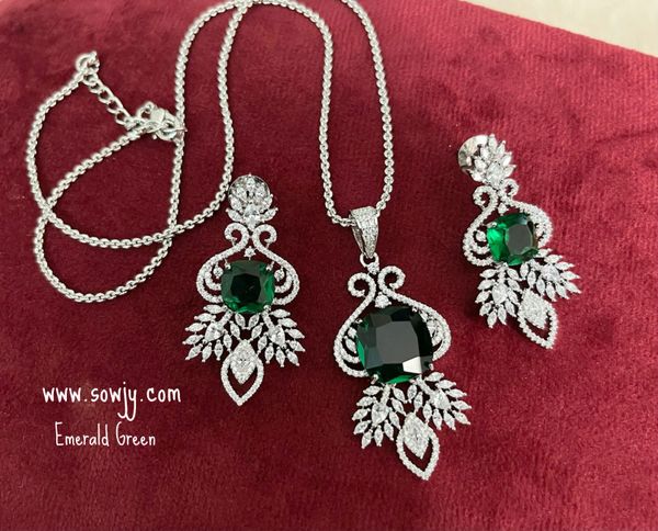 Diamond Replica Designer Floral Pendant Set in Silver Finish with Earrings with Silver Chain-Emerald Green!!!!