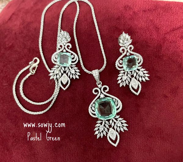 Diamond Replica Designer Floral Pendant Set in Silver Finish with Earrings with Silver Chain-Pastel Green!!!!