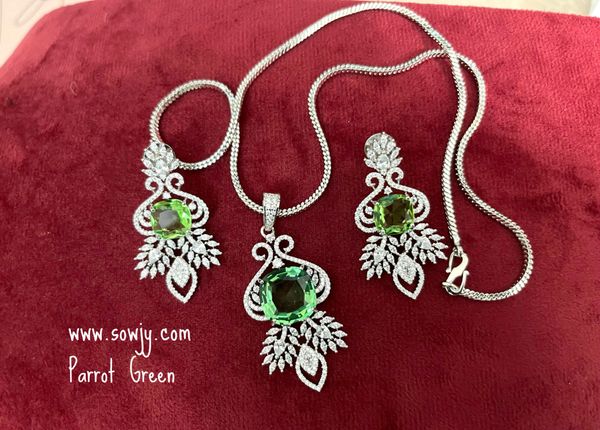 Diamond Replica Designer Floral Pendant Set in Silver Finish with Earrings with Silver Chain-Parrot Green!!!!