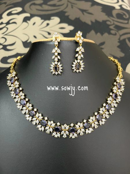 Lovely Diamond Look Alike Gold Finish Floral Necklace with Earrings- Purple !!!!