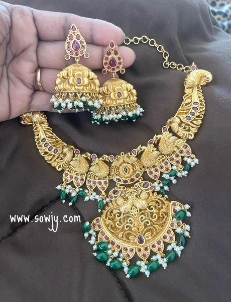 Very Grand and Big Size Nakshi Designer Peacock Short Necklace with XL Size Big Jjumkas!!!!