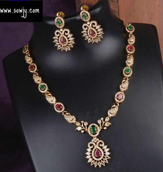 Lovely AD Stone Floral Designer Short Necklace with Earrings!!!!!