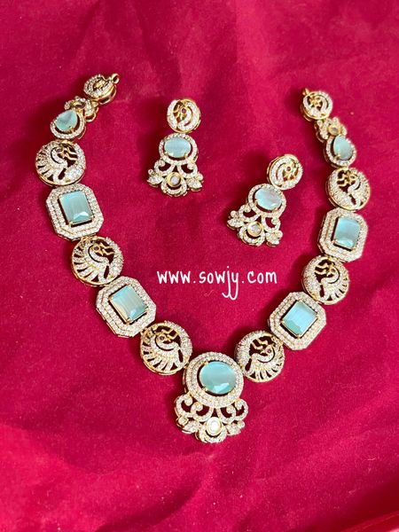 Lovely AD Stone Gold Finish Peacock Designer Necklace with Matching Earrings- Mint Green!!!