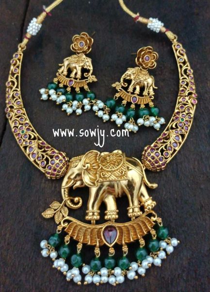 Lovely Elephant Designer Pendant Hasli Necklace with Earrings- Emerald and Pearl Hangings!!!