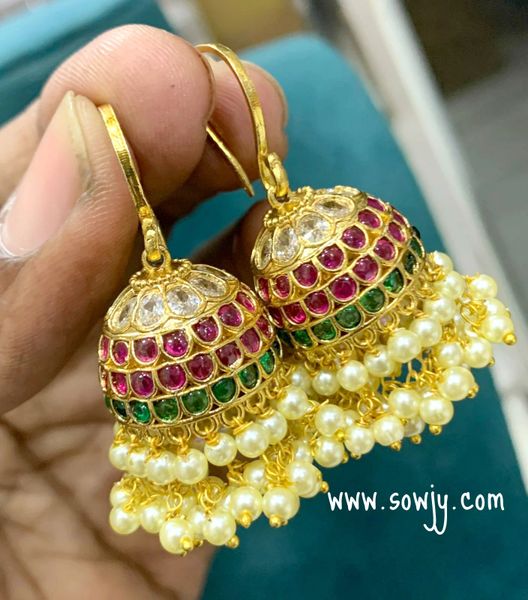 Real Kemp Stone Gold Finish Hook JHumkas- Medium to Big Size- Red,Green and White!!!