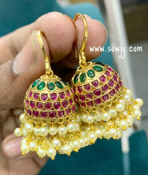 Real Kemp Stone Gold Finish Hook JHumkas- Medium to Big Size- Red and Green !!!