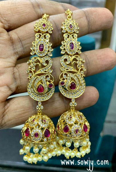 Beautiful Kemp and AD Stone Peacock Jhumkas with Long Ear Chain Attached To it - Ruby and White!!!