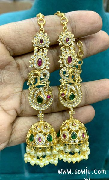 Beautiful Kemp and AD Stone Peacock Jhumkas with Long Ear Chain Attached To it - Emerald,Ruby and White!!!