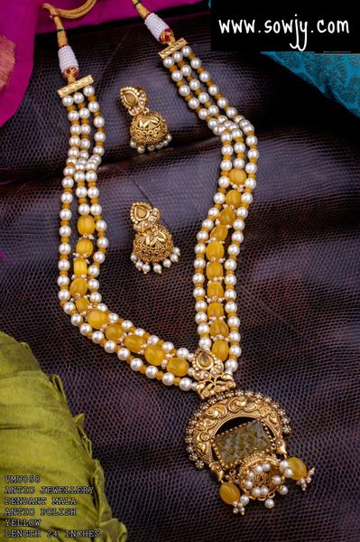 Beautiful Rani Three Layer Long Haaram with Monalisa and Pearl Beads and Jhumkas-Yellow Color!!!