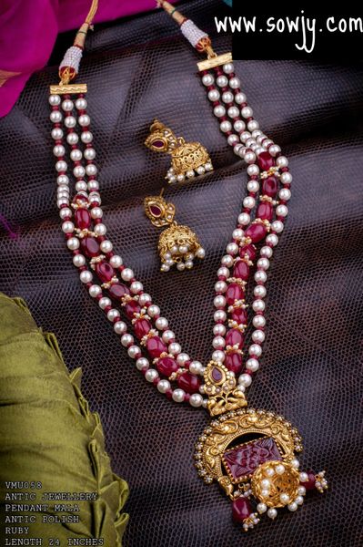 Beautiful Rani Three Layer Long Haaram with Monalisa and Pearl Beads and Jhumkas-RED Color!!!