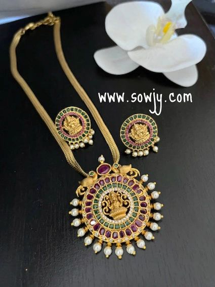 Real Kemp Stone Lakshmi Big Round Pendant with Matching Lakshmi Earrings in Designer 18K Gold Color(Light Gold) Chain!!!!