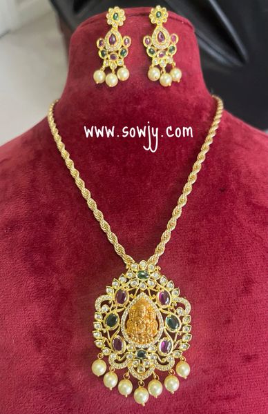 Gold Look Alike Real Kemp Stone Lakshmi Pendant in Designer Gold Twisted Chain with Earrings!!!